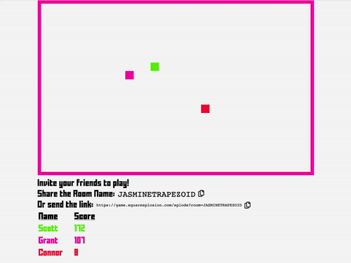 Animated gif of multiplayer game. Multiple colorful squares move around. When squares collide, one explodes.